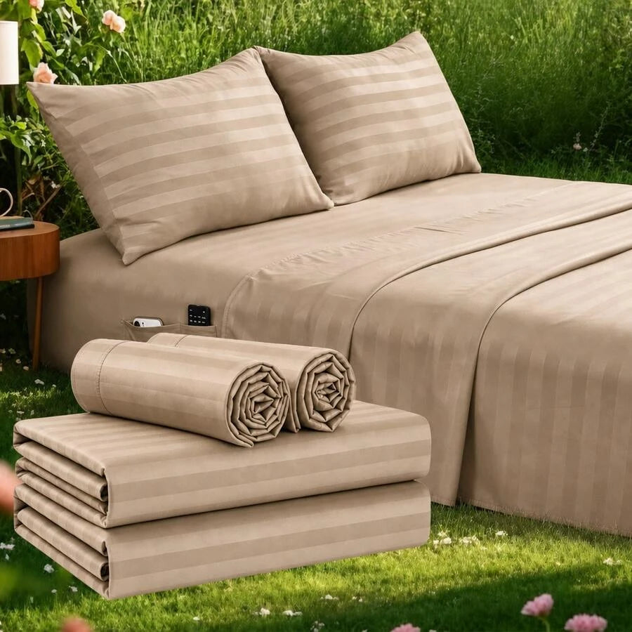 Striped Cooling Sheets Set King Size - Fitted Flat Sheet & Pillowcase Sets 4 Piece - Super Soft Stripe Bed Sheet, Easy Care, Deep Pocket /sf260521111363488956160