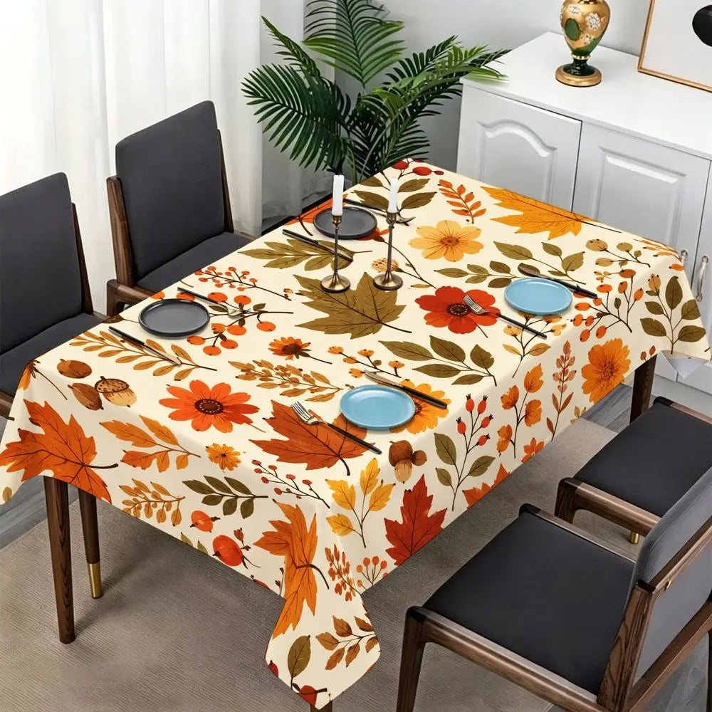 Autumn Harvest Theme Rectangular Tablecloth, Cream Base with Fall Leaves And Berry Print, Durable Fabric for Thanksgiving Dining, Farmhouse Style Table Decor