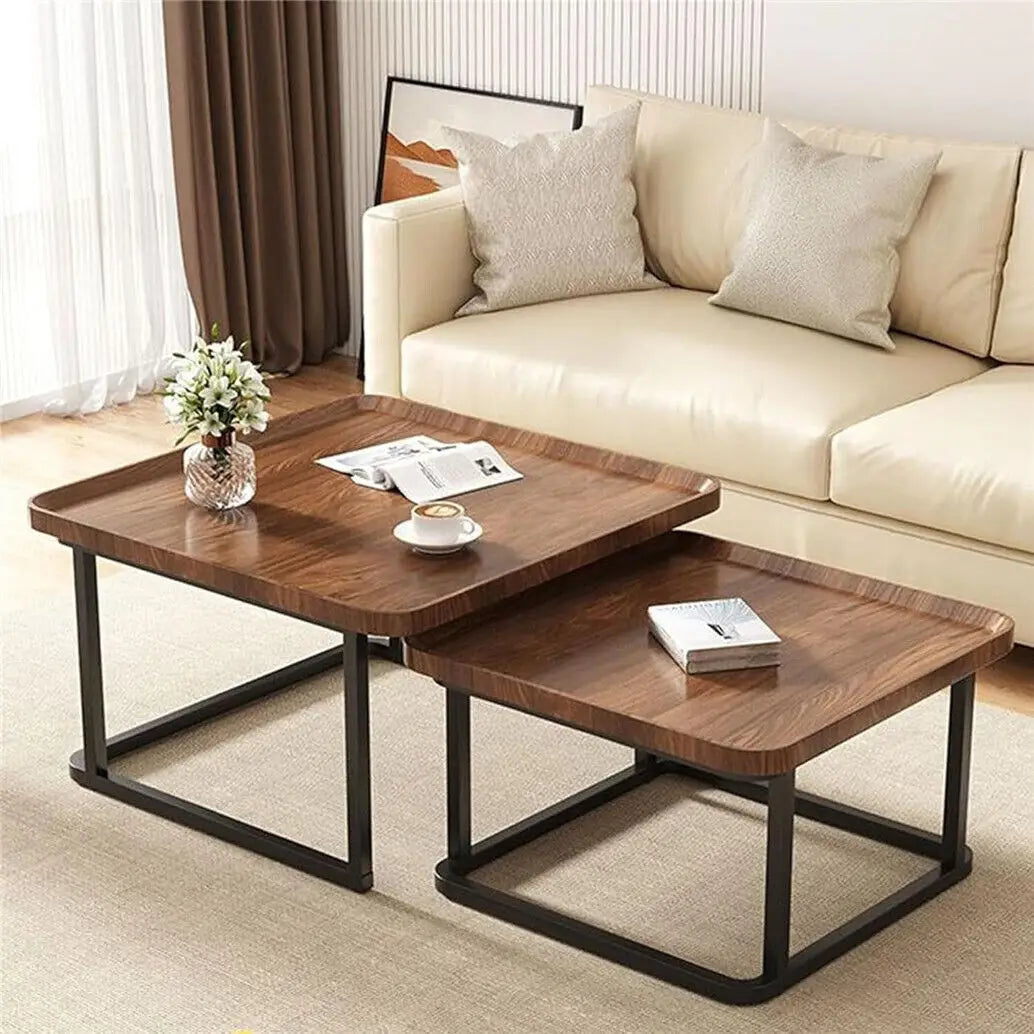 LUVODI Set of 2 Industrial Coffee Table Retro Square Wooden Center Tea Table with Metal Base for Living Room Sofa