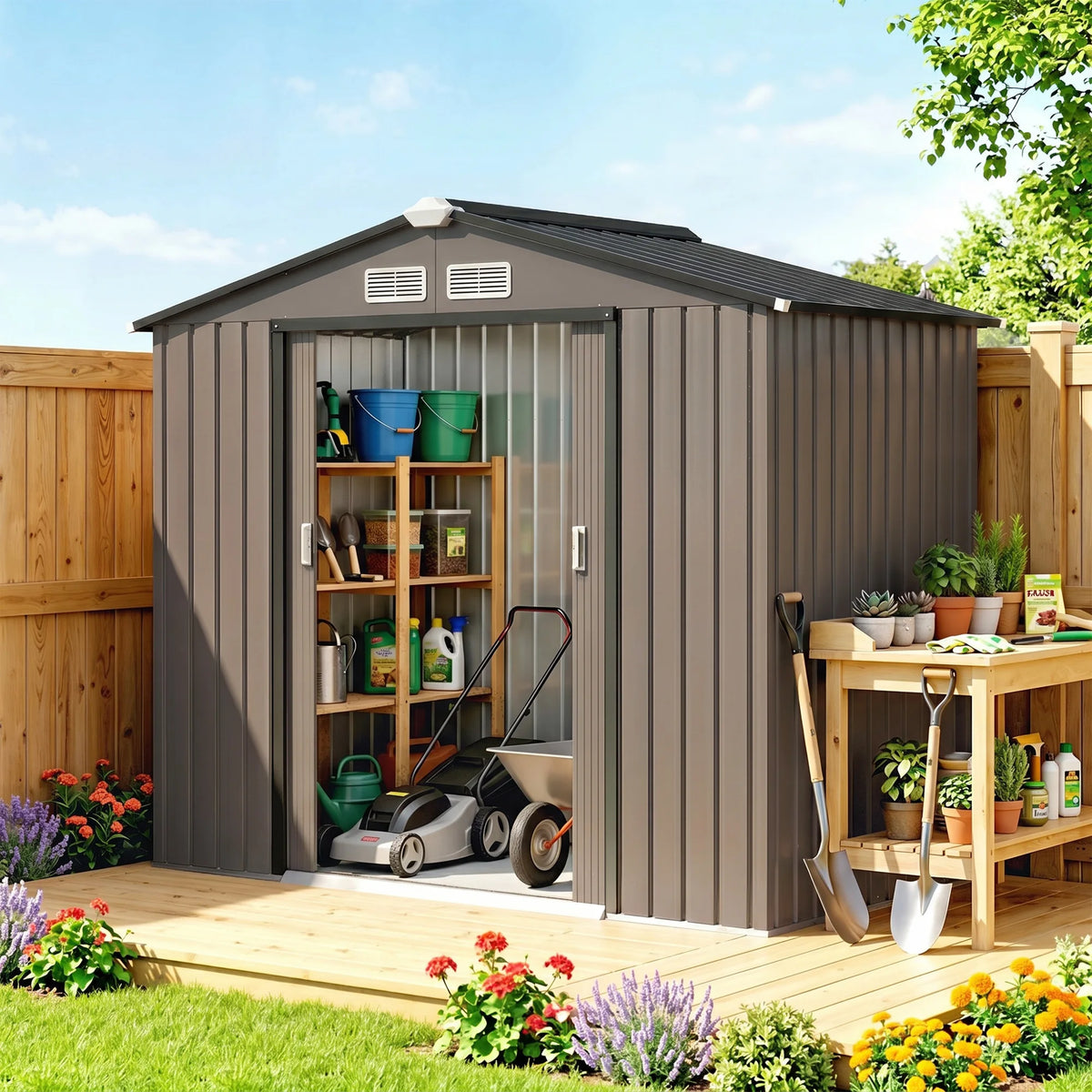 Garden Shed Storage Unit w/ Locking Door Foundation Kit Air Vent Brown