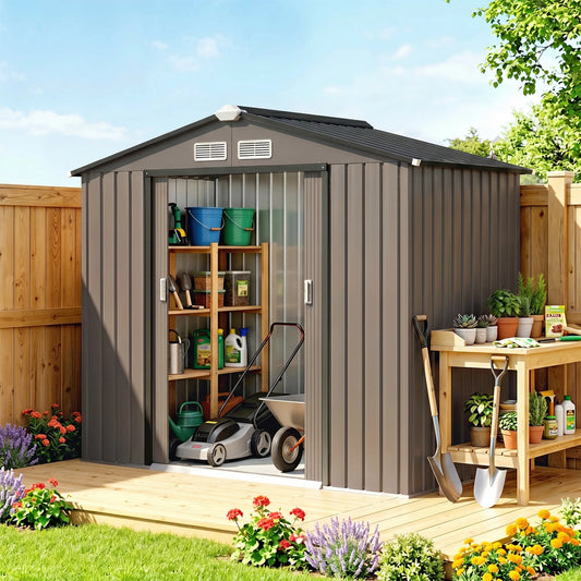 Garden Shed Storage Unit w/ Locking Door Foundation Kit Air Vent Brown