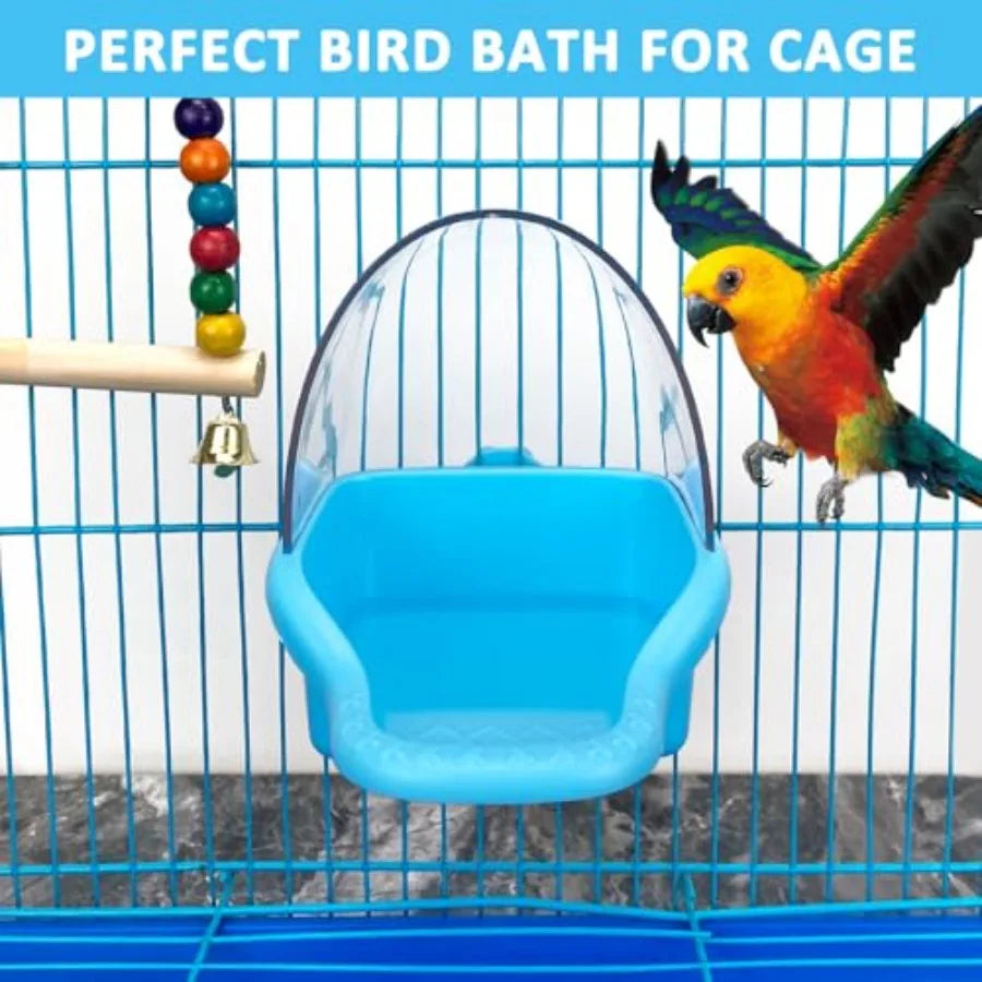 Bird Bath Box for Cage Use, Plastic, Blue, Easy-Hang Design with Non-Slip Base and Adjustable Height