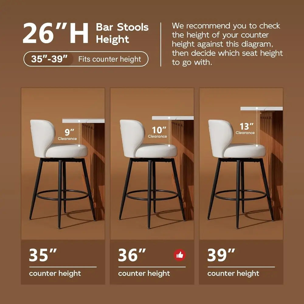 26" White Bar Stools Set o 4, Swivel Kitchen Island Chairs | 3.8" Upholstered Cushion, Ergonomic Winged Backrest, 360° Silent Sw