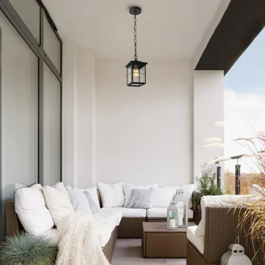 Outdoor Pendant Light Fixture Farmhouse Exterior Hanging Lights with Adjustable Chain Black Ceiling Outdoor Light with Seeded G