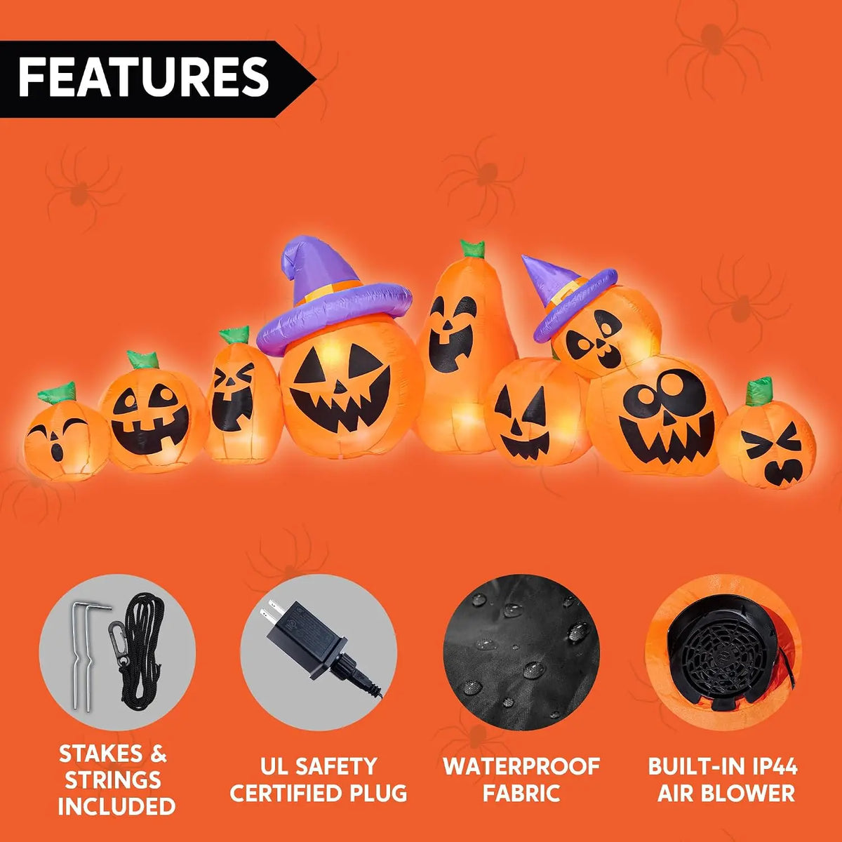 12.5 FT Halloween Inflatable Pumpkin Outdoor Decorations Blow Up Yard Decorations with Witch Hat 9 Pcs Blow Up Pumpkin Inflatable with Built-in LEDs for Halloween Decor