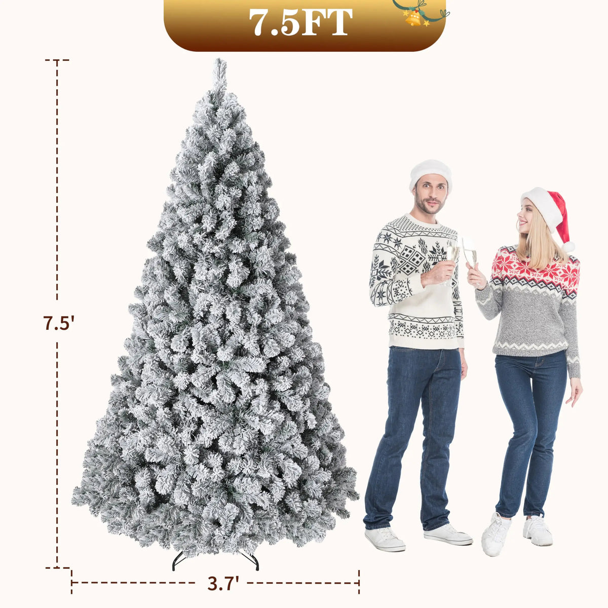 6FT/7.5FT Flocked Artificial Christmas Tree with Snowy Warm White LED Lights Hinged Divisions & Metal Stand  Soft Snow Fraser Fir Holiday Decor for Home & Office