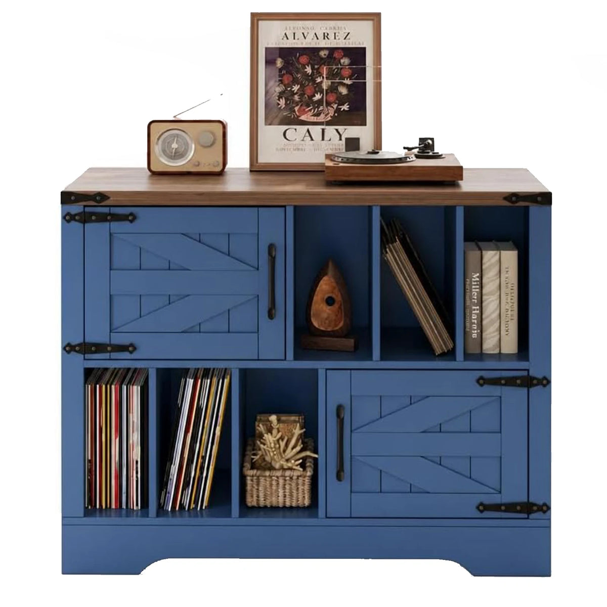 39in Farmhouse Record Player Stand With Barn Doors, Vinyl Record Storage Cabinet Holds 450 Albums, Wood Turntable Table For Living Room