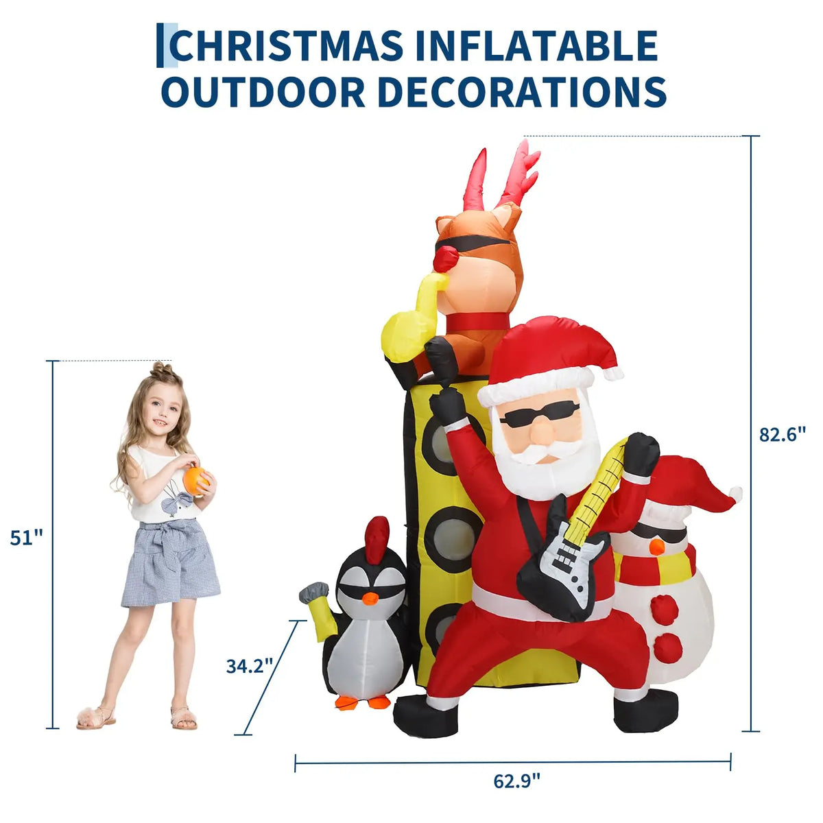 7FT Christmas Inflatable Santa Band With Reindeer Snowman Penguin 5 LED Lights, Blow Up Outdoor Toy For Yard Lawn Porch Party Decor