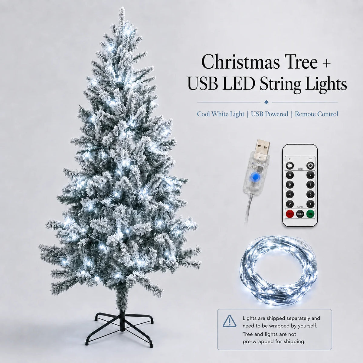 Snow Flocked Artificial Christmas Tree Slim PVC Xmas Tree 4-8FT Tree Only or USB LED String Lights with Remote Holiday Decor