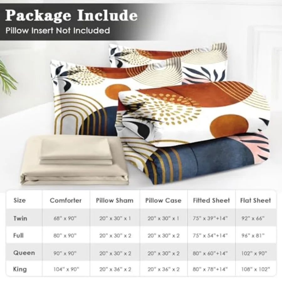 7 Pcs Size Comforter Set with 2 Pillowcases and 2 Shams Mid Century Bedding for Adults Sun Leaf Bed in a Bag with Flat Fitted S