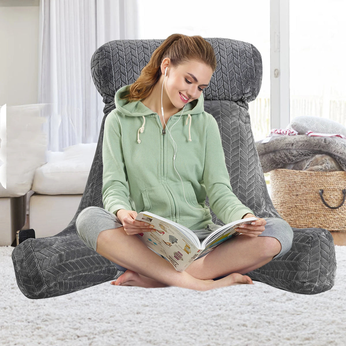 Bed Rest Reading Pillow Sit Up Pillow for Bed Backrest Support Sofa Couch Cushion with Arms, Side Pockets, Detachable Neck Roll