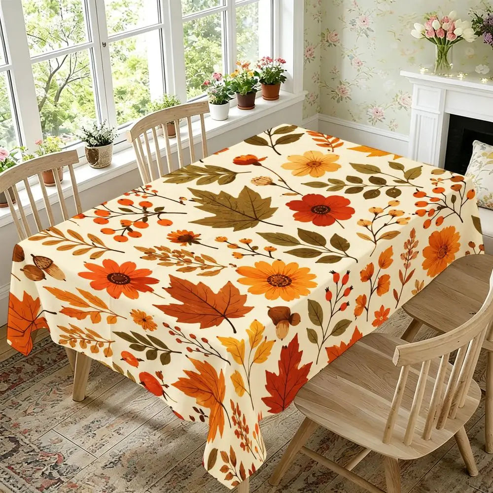 Autumn Harvest Theme Rectangular Tablecloth, Cream Base with Fall Leaves And Berry Print, Durable Fabric for Thanksgiving Dining, Farmhouse Style Table Decor