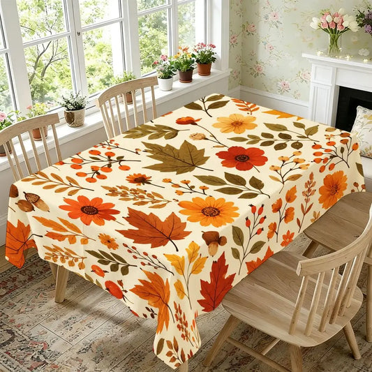 Autumn Harvest Theme Rectangular Tablecloth, Cream Base with Fall Leaves And Berry Print, Durable Fabric for Thanksgiving Dining, Farmhouse Style Table Decor