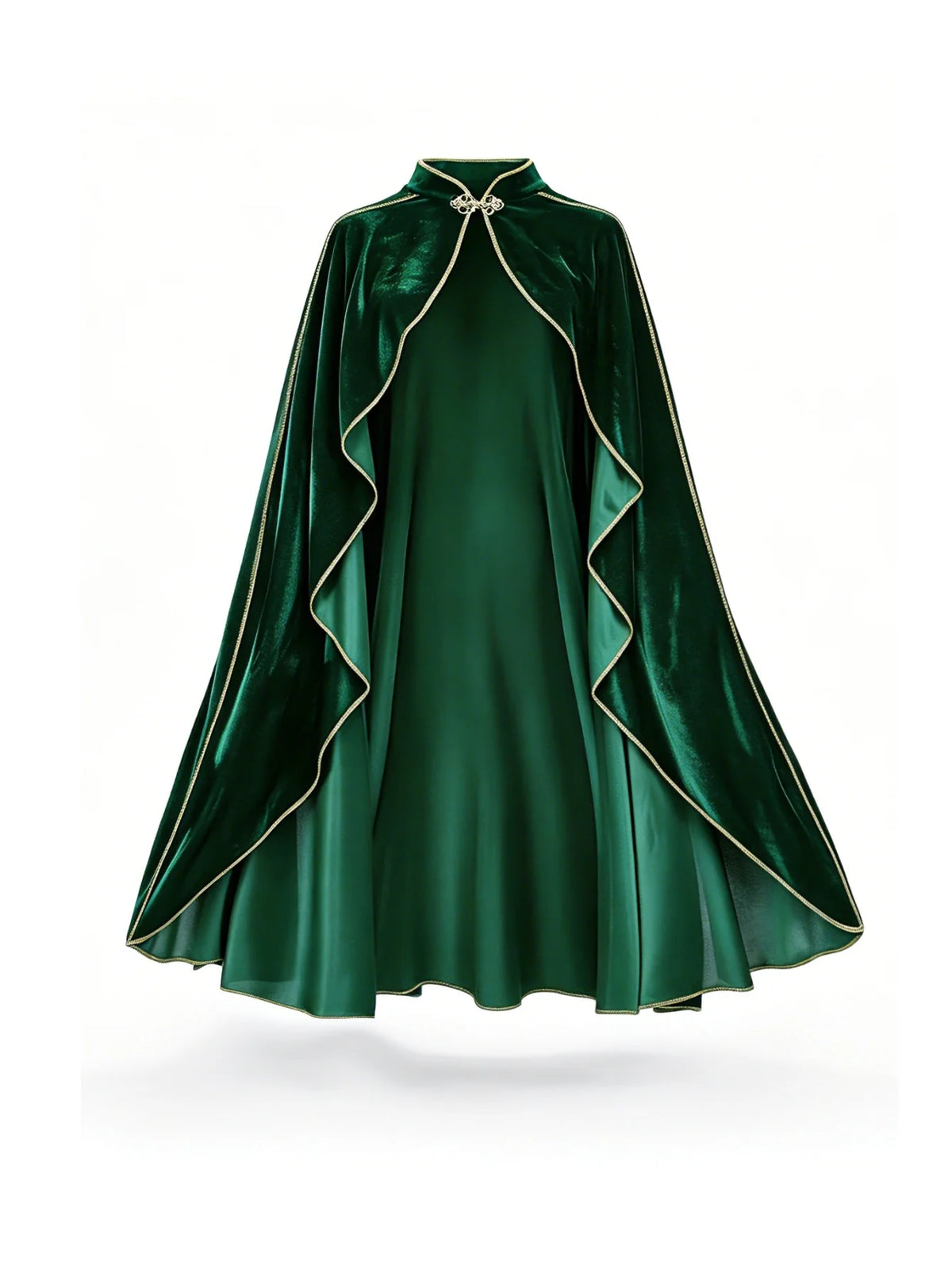 Women Vintage Green Velvet Cape Cloak Gold Trim Stand Collar Cosplay Costume Long Cape For Halloween Party Medieval Renaissance Dress Up