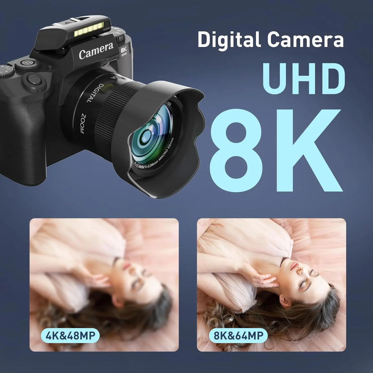 8K 64MP WiFi Vlogging Digital Camera with 4-Inch Touchscreen, 16X Zoom Autofocus Dual Lens, 3000mAh Battery, 32GB Card & Lens Hood, for YouTube and Photography (Black)