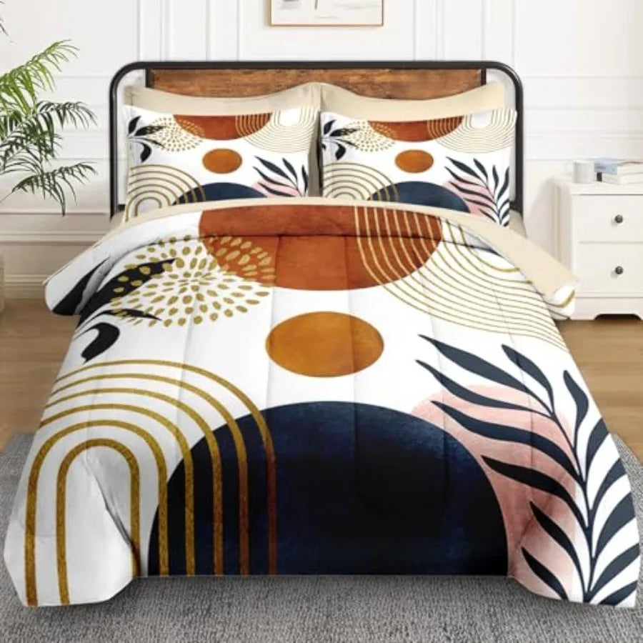 7 Pcs Size Comforter Set with 2 Pillowcases and 2 Shams Mid Century Bedding for Adults Sun Leaf Bed in a Bag with Flat Fitted S