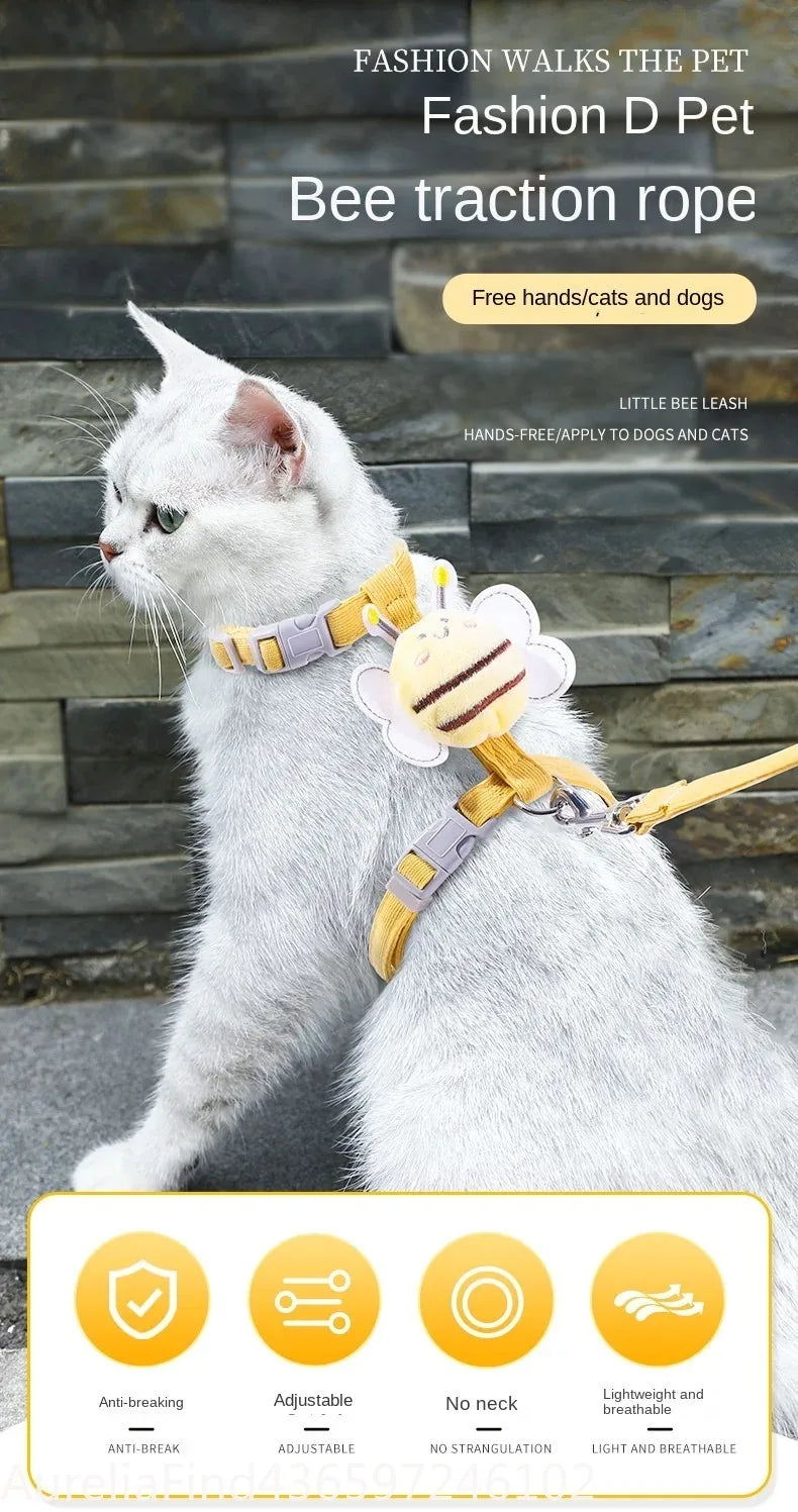 Cartoon Bee Double‑Layer Pet Harness Collar Leash Set Adjustable For Cat Small Medium Dog Outdoor Walking Supply