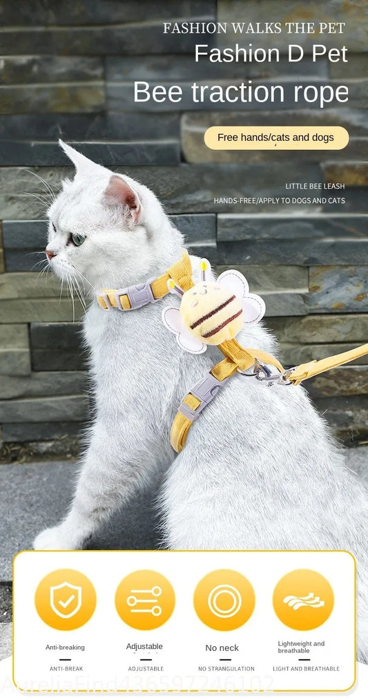 Cartoon Bee Double‑Layer Pet Harness Collar Leash Set Adjustable For Cat Small Medium Dog Outdoor Walking Supply