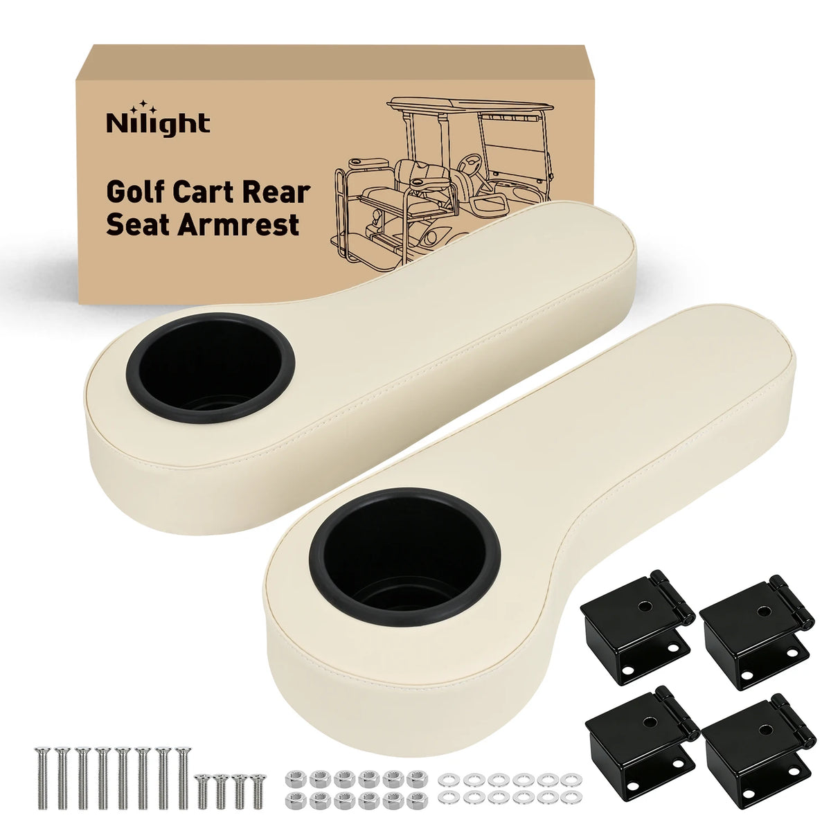 Nilight Golf Cart Armrest Black 2PCS Flip Stand Fits 1 inch Square No Drilling with Detachable Cup Holder Iron Bracket PU Leather Wooden Baseboard for EZGO Club Car Yamaha Rear Seat