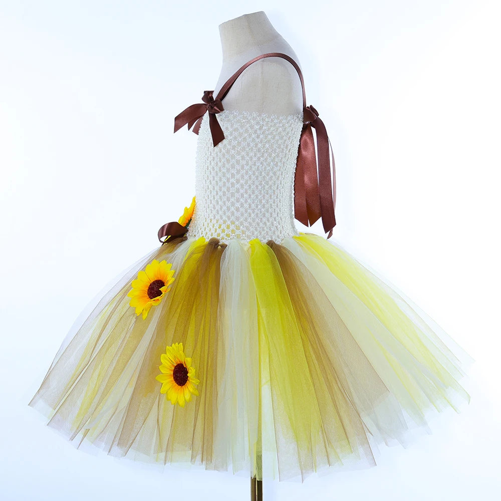 Sunflower Fairy Costume for Girls Fall Autumn Sun Flowers Tutu Dress Toddler Kids Halloween Christmas Party Tulle Princess Dress