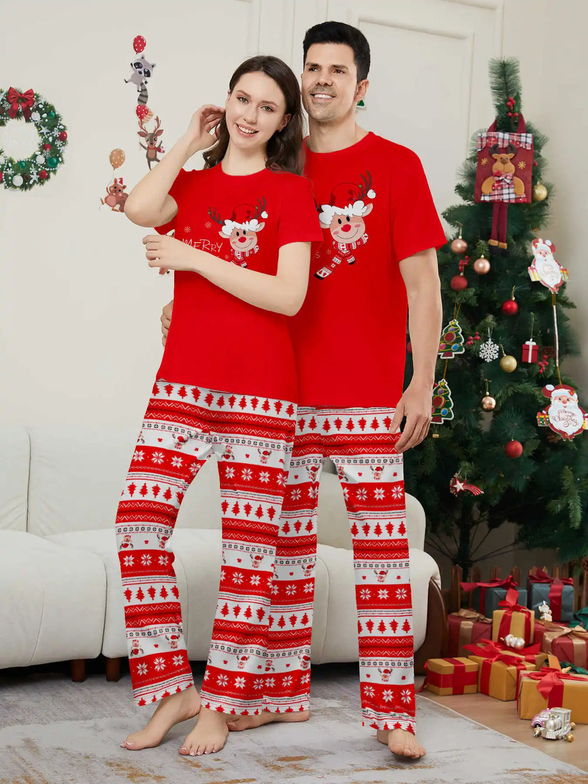 New Year's Costumes Short Sleeve Christmas Pyjamas Set Adults Kids Matching Outfits Cute Elk Print T-shirt+Trousers Loungewear