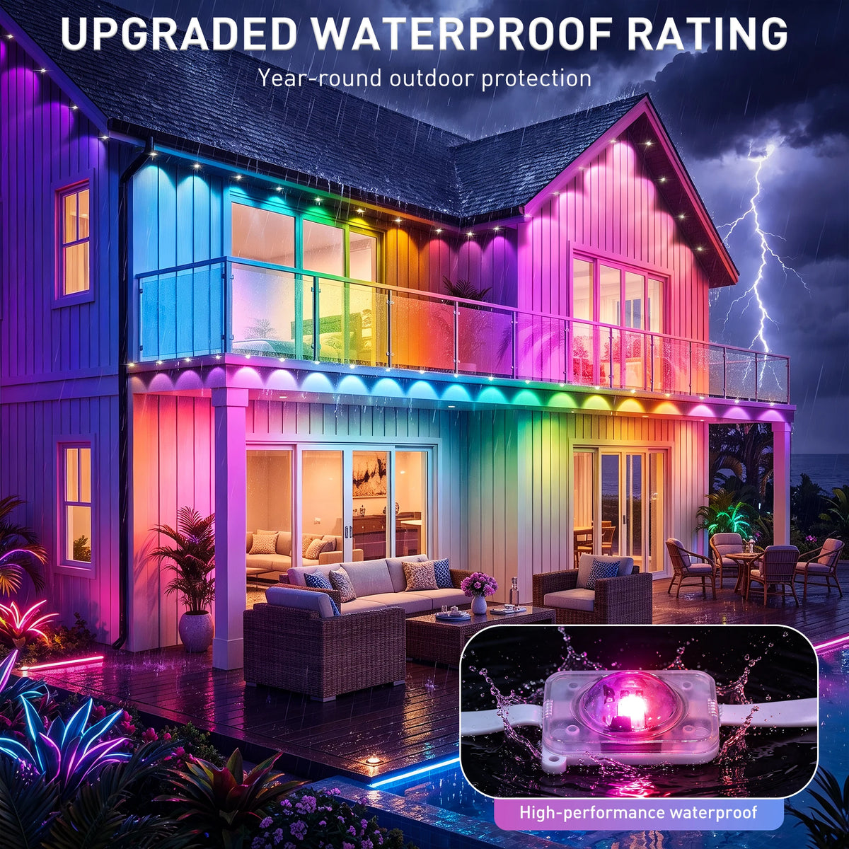 New Permanent Outdoor String Light RGBIC 600ft ,IP67 Waterproof Eaves Lights, App & Remote Control, Music Sync, MyDIY Timer, Easy Install for Patio, Roofline, Garden, Deck, Fence Holiday Decor