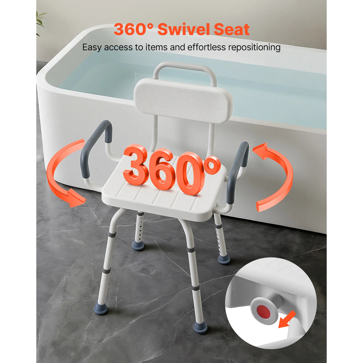 SucceBuy Swivel Shower Chair with Arms and Back 400/500 lbs Adjustable for Inside Shower Stall and Bathtub for Seniors Disabled