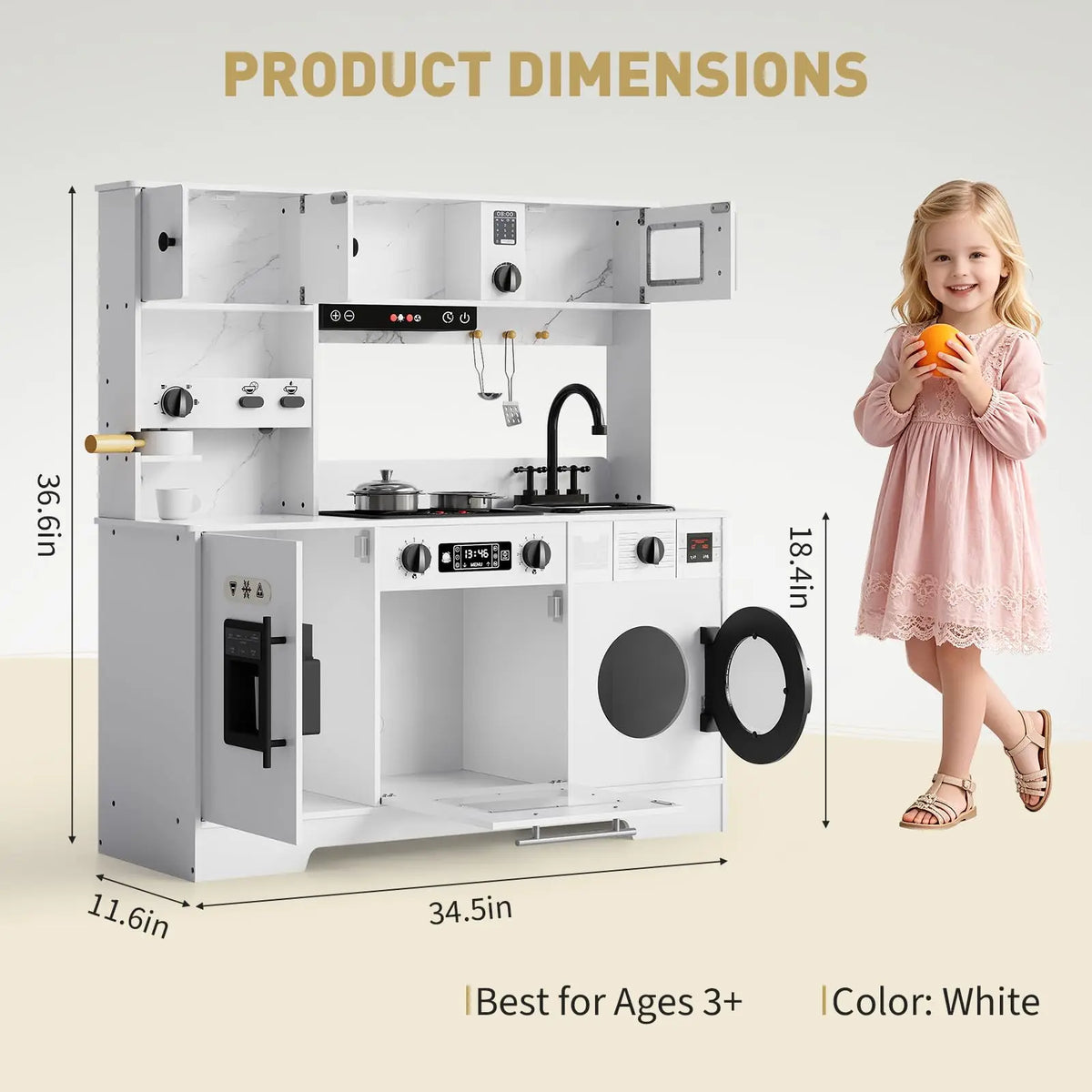 8-in-1 Wooden Play Kitchen Set For Kids With Lights Sounds, Ice Maker, Coffee Machine, Washer, 11 Accessories & Storage, Ages 3+