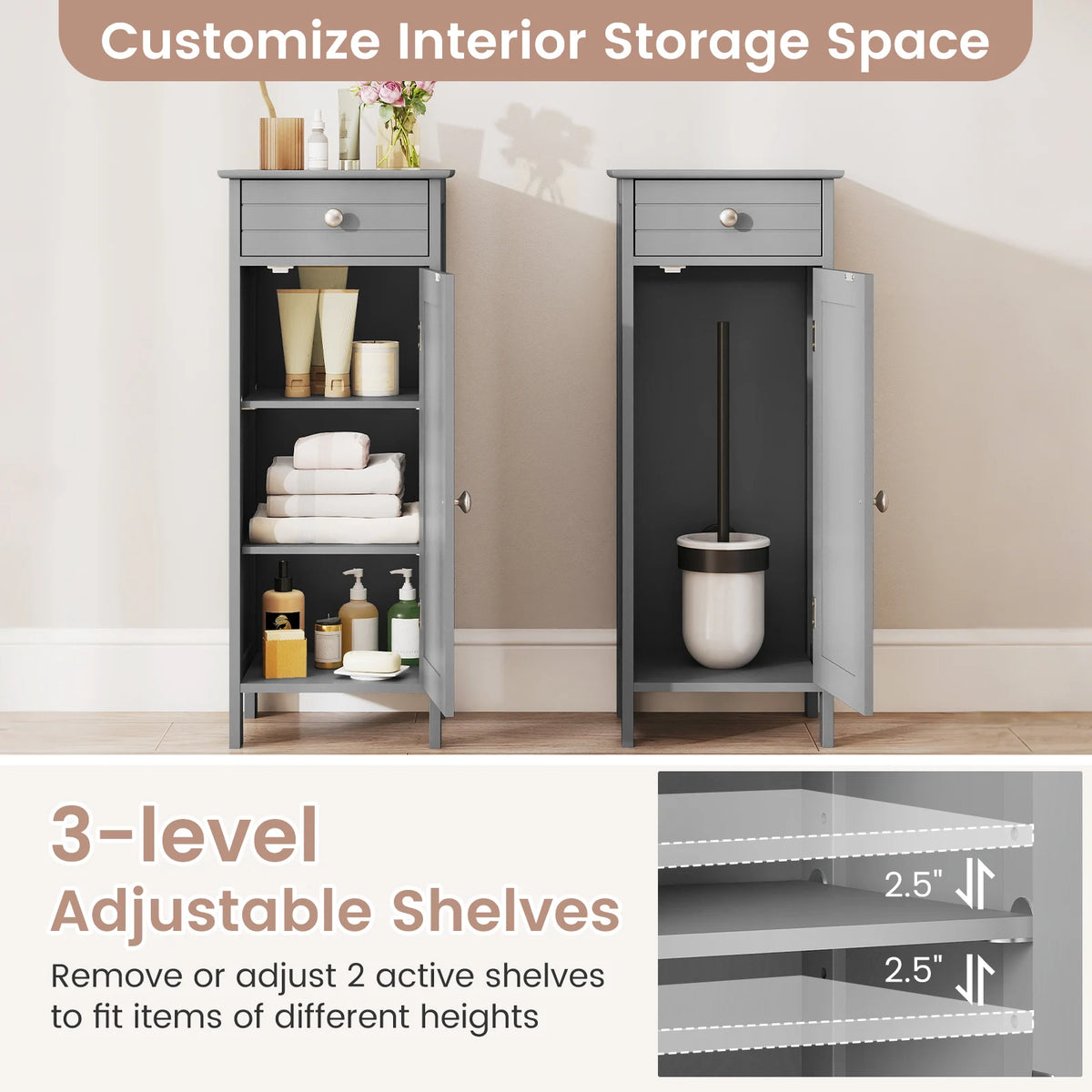 Costway Bathroom Floor Cabinet Storage Organizer Free-Standing w/ Drawer Grey