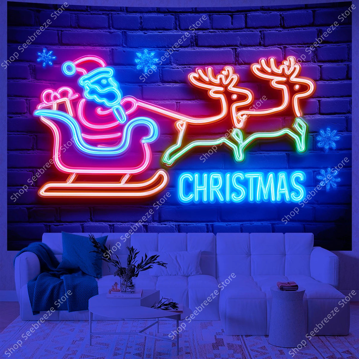 Neon Santa Claus Sleigh Ride UV Tapestry Glowing Reindeer Wall Hanging for Christmas Holiday Bedroom Living Room Office Decor