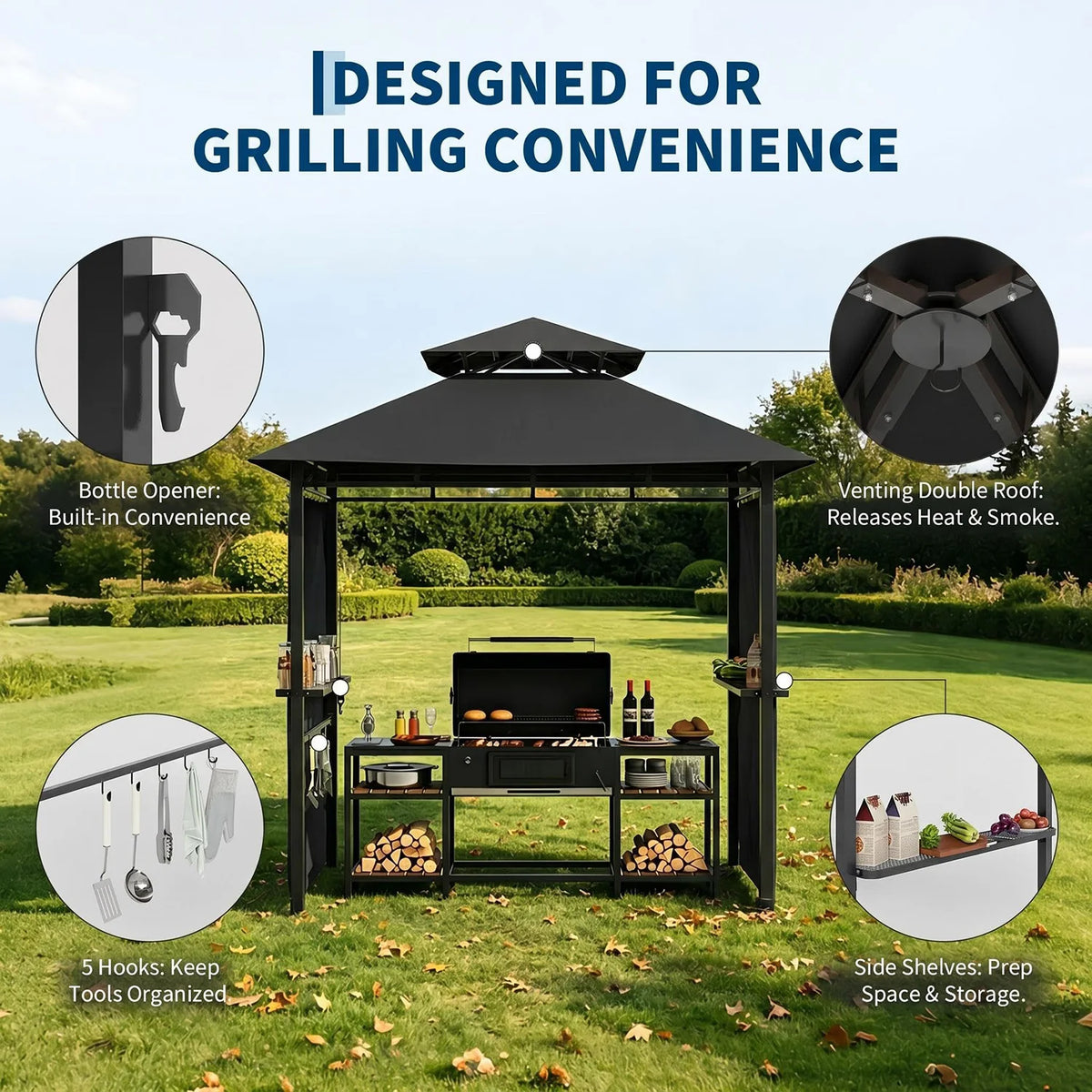 Outdoor BBQ Grill Gazebo 8x5 FT, Double Roof Vented Patio Canopy Tent With 2 Side Shelves For Backyard Cooking