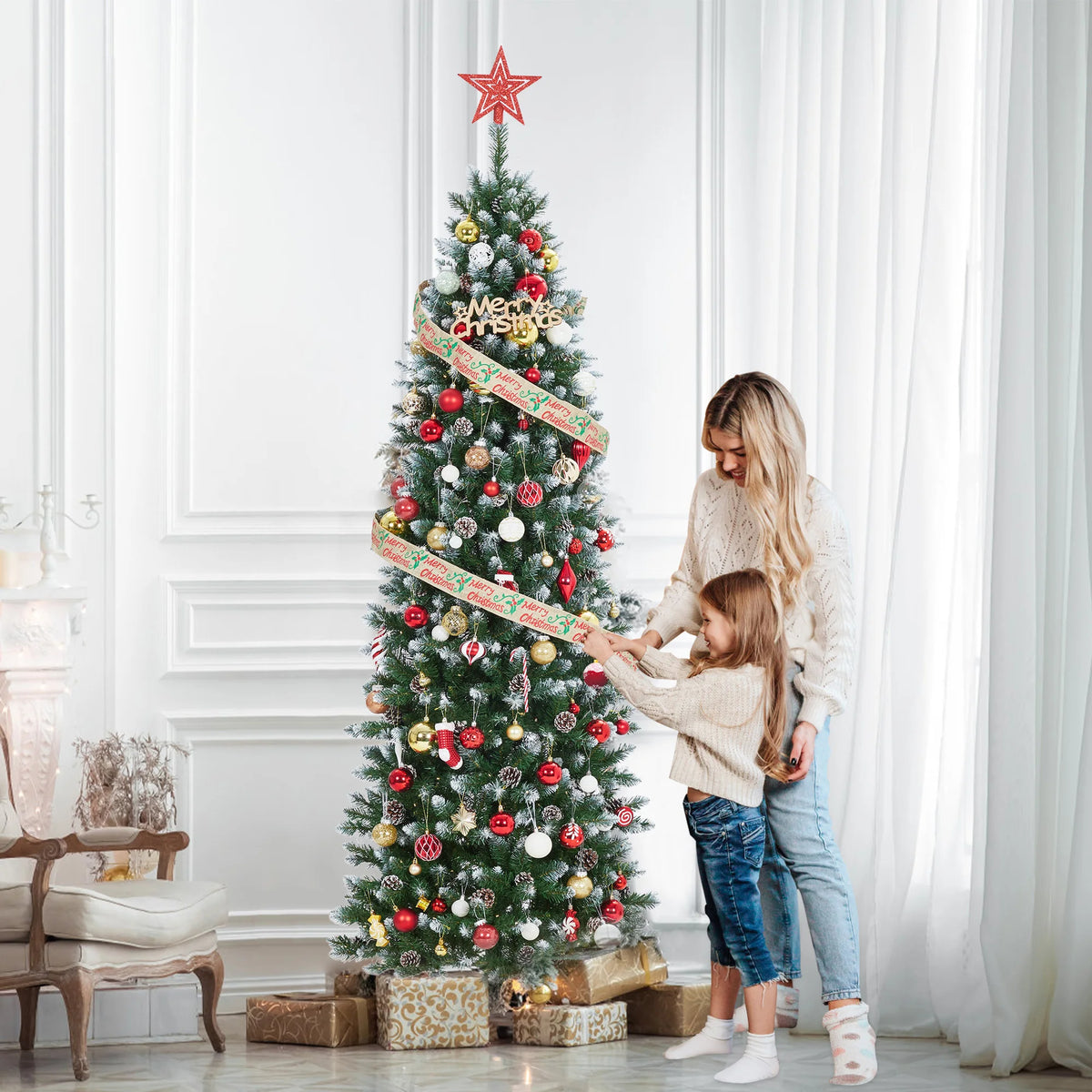12ft Pre-Lit Flocked Slim Pencil Christmas Tree with 700 Warm White LEDs, 60 Pine Cones & Collapsible Metal Stand – Artificial Xmas Tree for Indoor Outdoor Holiday Decor