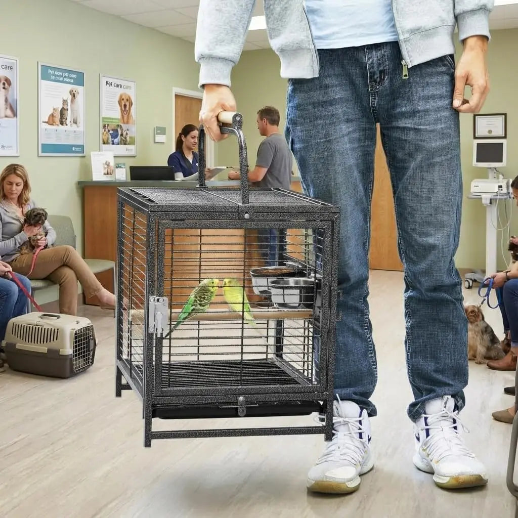 Portable Bird Cage, 19x15x25.5in, Wrought Iron, 2-in-1 Wooden Perch Handle, Removable Deep Tray, For Parakeets, Cockatiels, Budgies & Canaries,Outdoor Activity