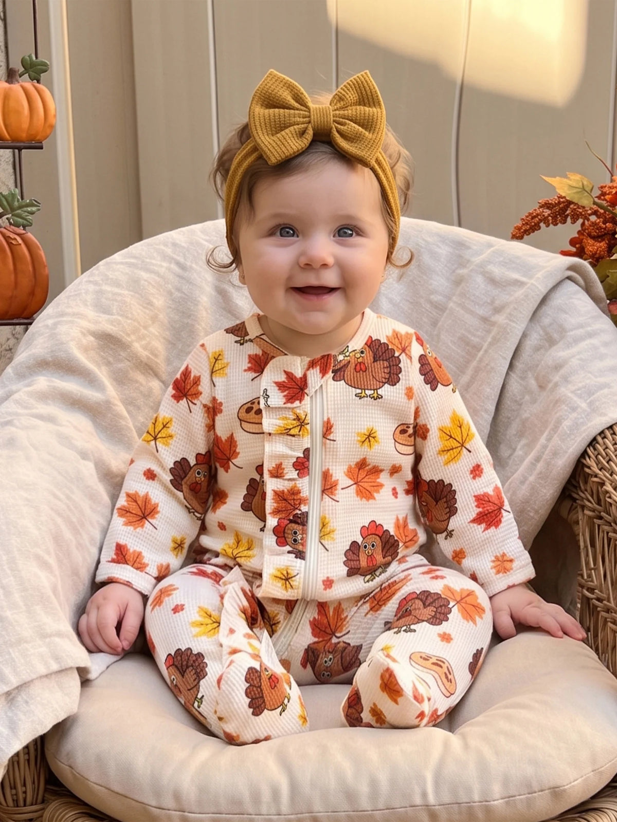 Jumpsuit With Sleeve Turkey Print Baby Girl Fall With Headband Long Sleeve Sleeve Baby Girl Girl Baby Girl Fall