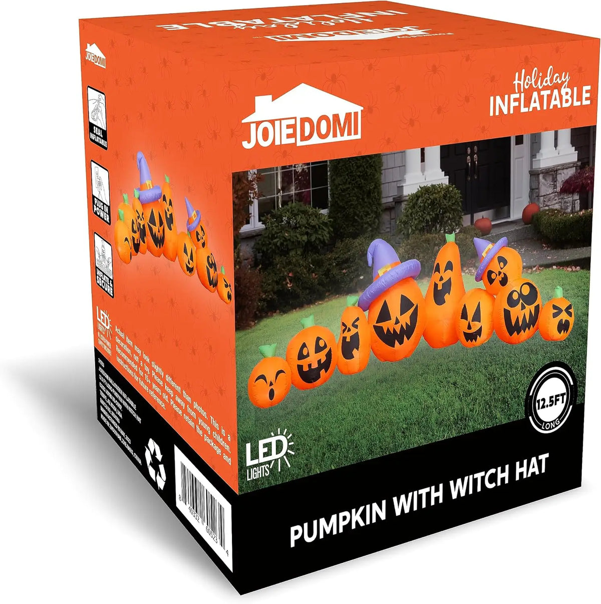 12.5 FT Halloween Inflatable Pumpkin Outdoor Decorations Blow Up Yard Decorations with Witch Hat 9 Pcs Blow Up Pumpkin Inflatable with Built-in LEDs for Halloween Decor