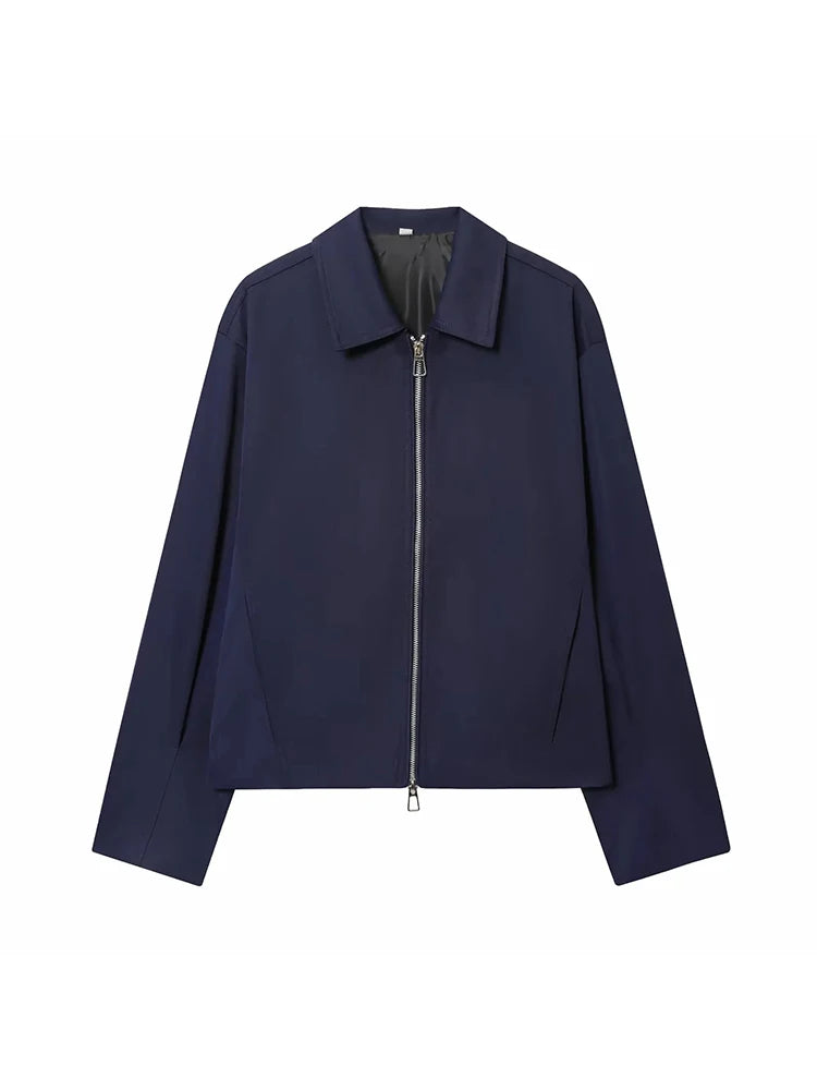 Women Casual Solid Zipper Coat Women Street Lapel Pockets Long Sleeve Simple Pleated Female Outwear Fashion Bomber Jacket