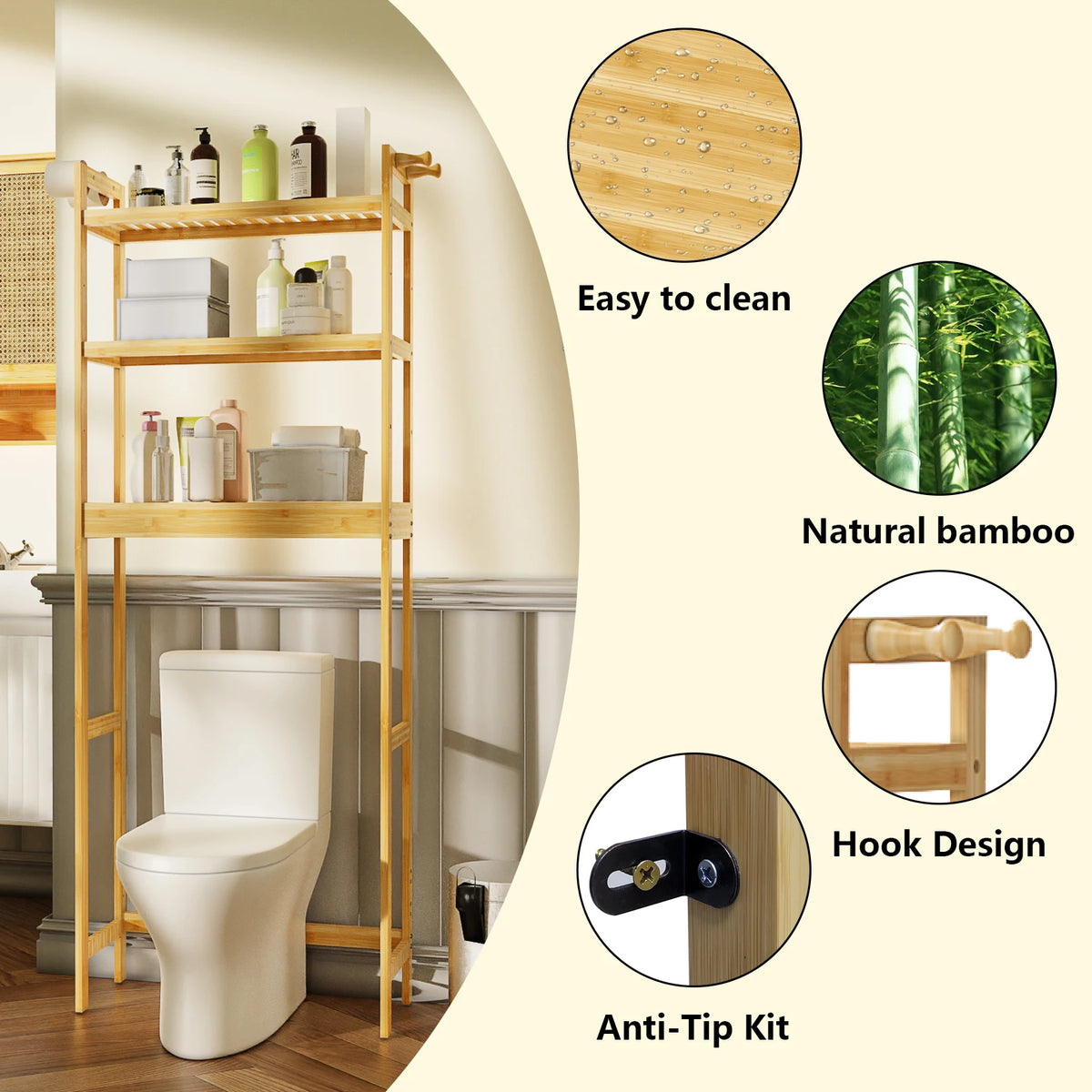 Bamboo Bathroom Finishing Rack With Hook and 3-Layer Height Adjustable Shelf Stable Durable Saving Space Laundry Room Bathroom