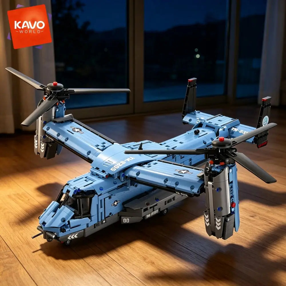 KAVOWORLD 1486PCS V-22 Osprey Tiltrotor Aircraft Building Blocks Set Simulation Military Helicopter Model Kit Collectible Airplane Bricks Construction Set, 360° Rotating Propellers Sliding Cockpit Movable Landing Gear Milita