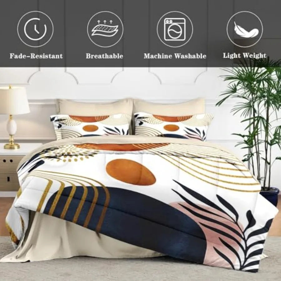 7 Pcs Size Comforter Set with 2 Pillowcases and 2 Shams Mid Century Bedding for Adults Sun Leaf Bed in a Bag with Flat Fitted S