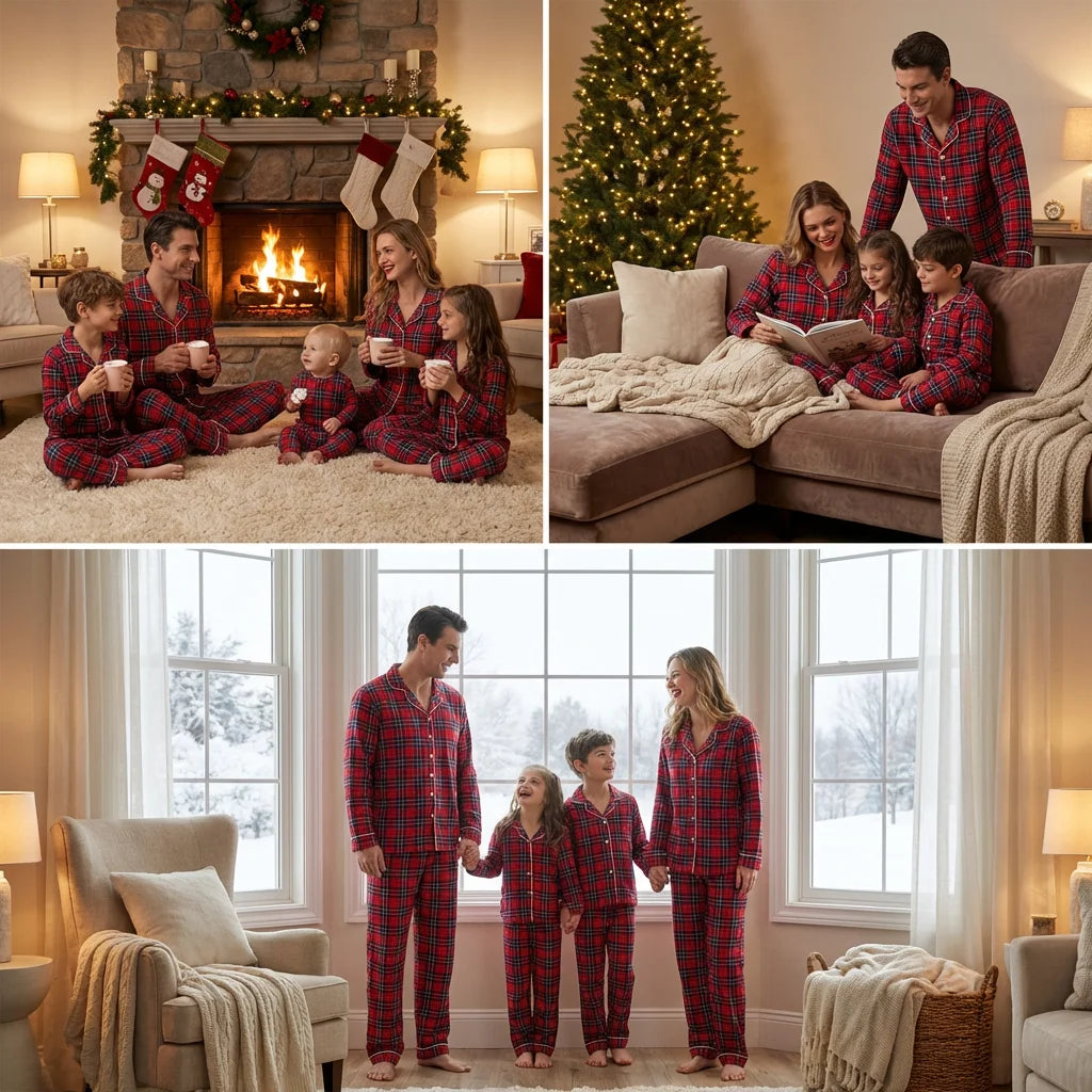 Family Matching Christmas Plaid Pajamas Set 100% Cotton Adults Kids Turn-down Collar Button Shirt+Trousers 2Pcs Xmas Sleepwear
