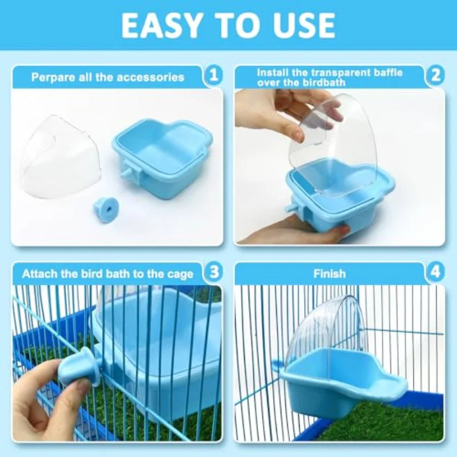 Bird Bath Box for Cage Use, Plastic, Blue, Easy-Hang Design with Non-Slip Base and Adjustable Height