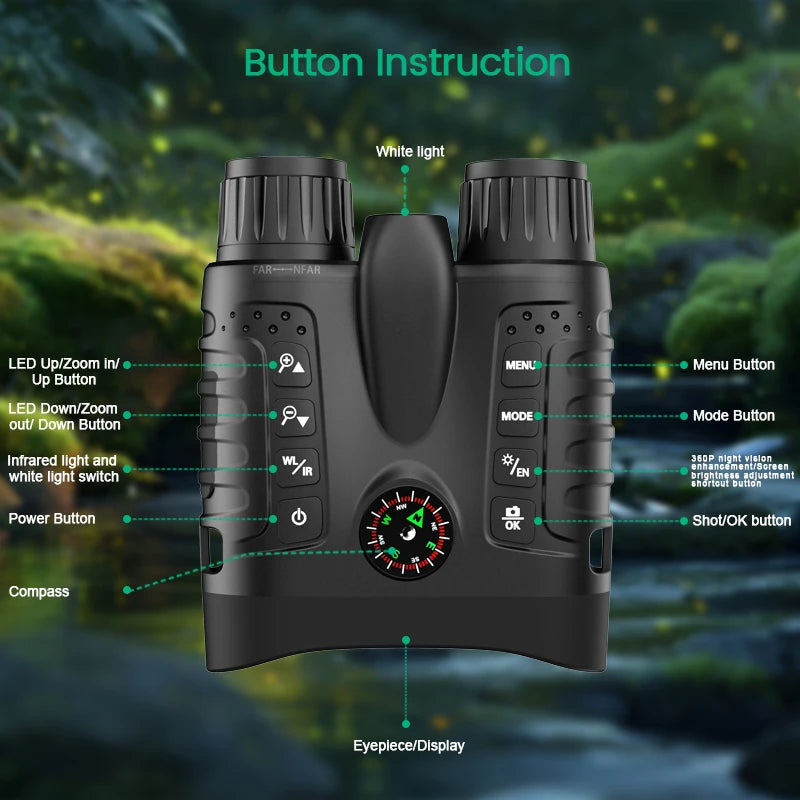 Night Vision Binoculars 36MP 4K 400m Darkness Detection Range Telescope 8x with Mechanical Compass External White LED NV2185