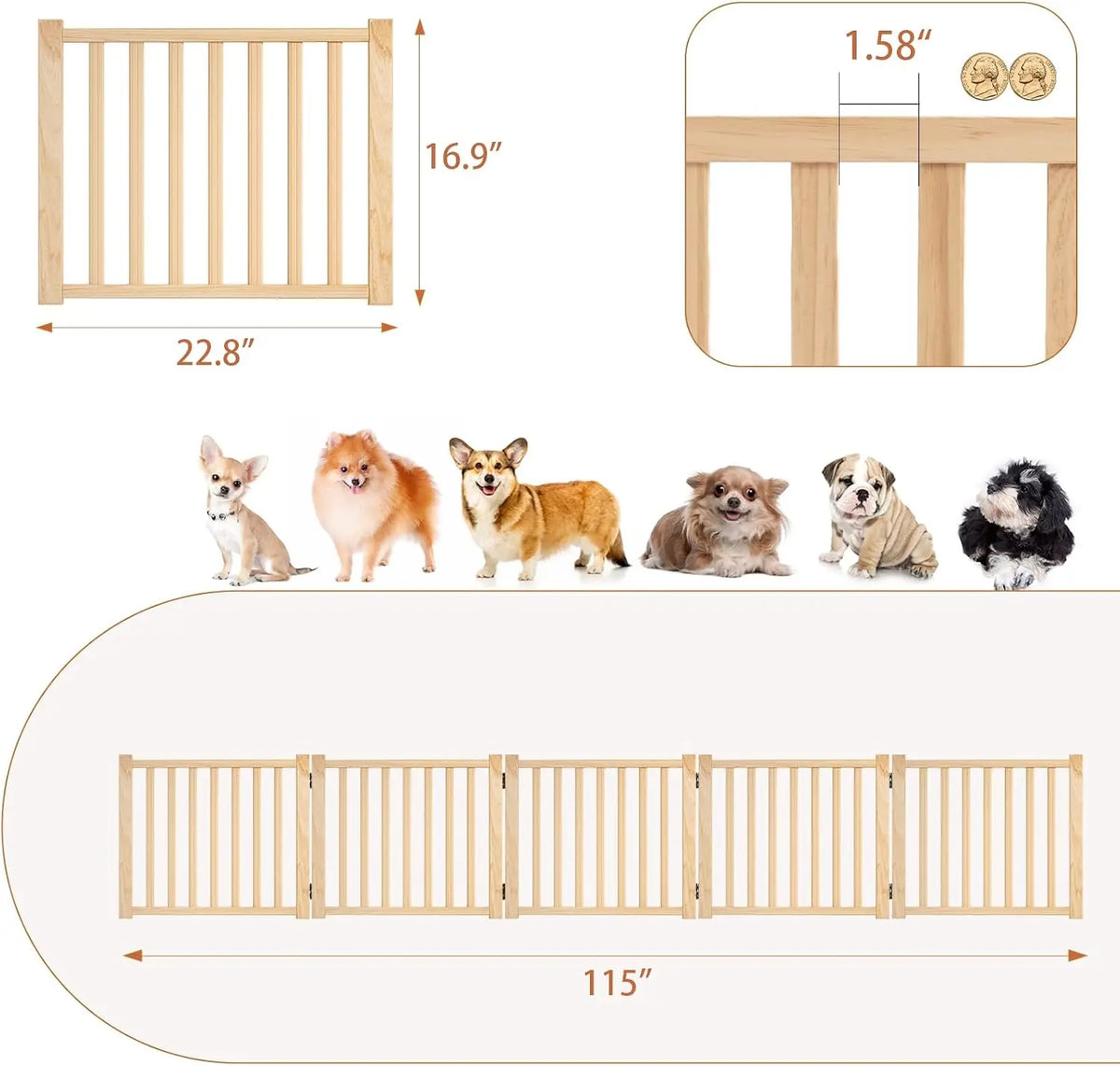 Freestanding Wooden Dog Gate for Doorways, Stairs, Indoor Pet Fence, 5 Panels 16.9"H