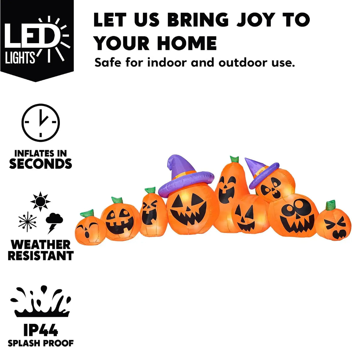 12.5 FT Halloween Inflatable Pumpkin Outdoor Decorations Blow Up Yard Decorations with Witch Hat 9 Pcs Blow Up Pumpkin Inflatable with Built-in LEDs for Halloween Decor