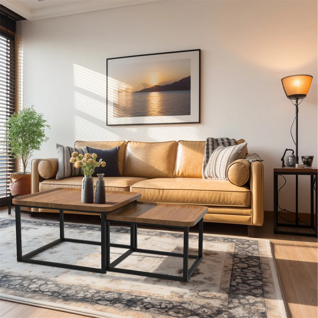 LUVODI Set of 2 Industrial Coffee Table Retro Square Wooden Center Tea Table with Metal Base for Living Room Sofa