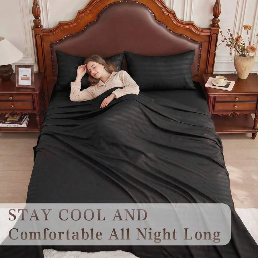 Striped Cooling Sheets Set King Size - Fitted Flat Sheet & Pillowcase Sets 4 Piece - Super Soft Stripe Bed Sheet, Easy Care, Deep Pocket /sf260521111363488956160