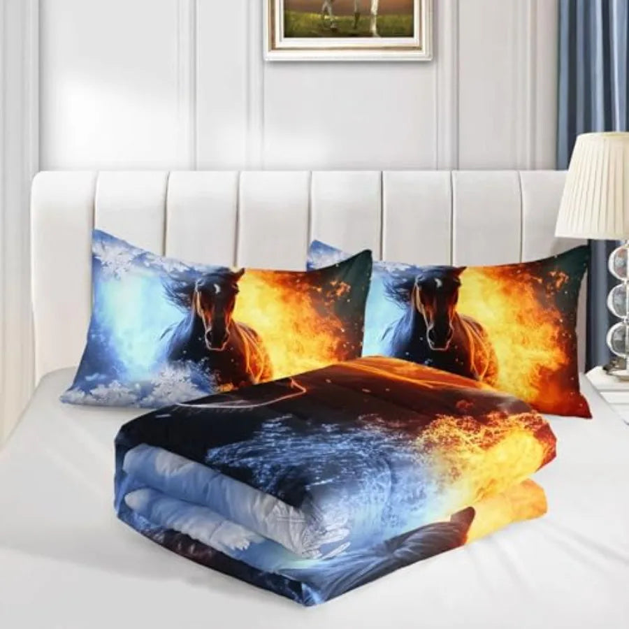 3D Comforter Set Fire Ice Printed Bedding Set with 1 Comforter and 2 Pillowcases for Boys and Girls Bedroom All Season Twin