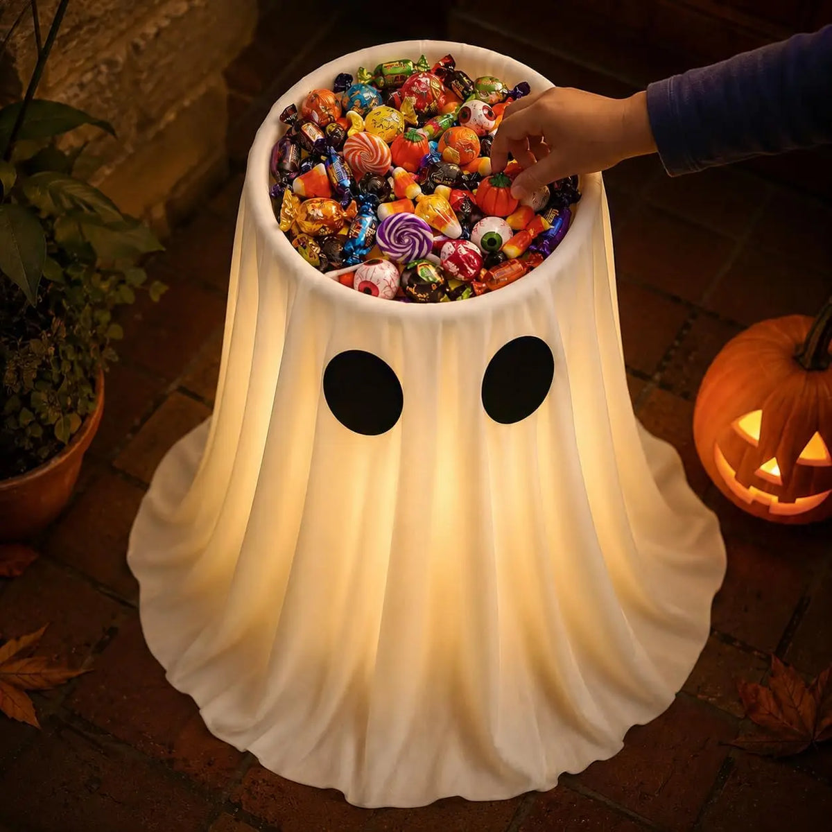 Large-Capacity Lighted Halloween Ghost Candy Bowl | Halloween Candy Bowl for Trick-or-Treat, Thick Draping Ghost Sheet