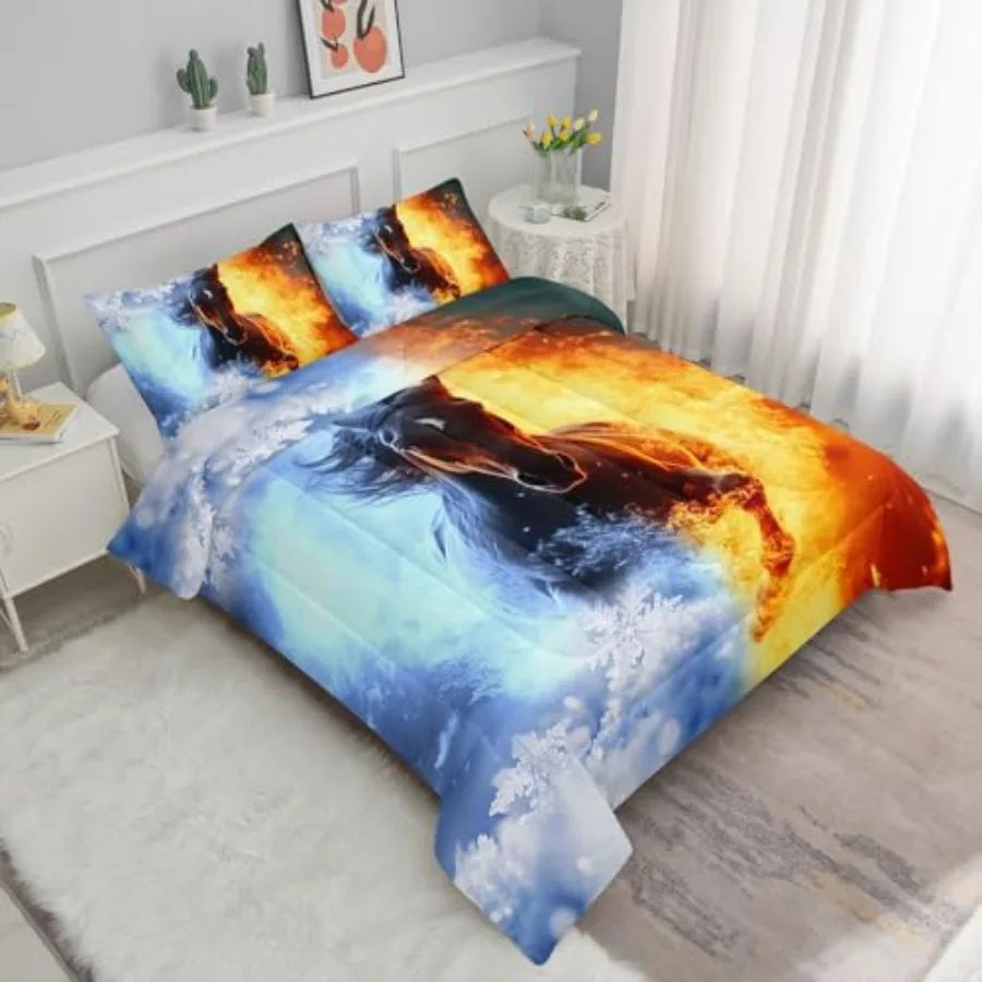 3D Comforter Set Fire Ice Printed Bedding Set with 1 Comforter and 2 Pillowcases for Boys and Girls Bedroom All Season Twin