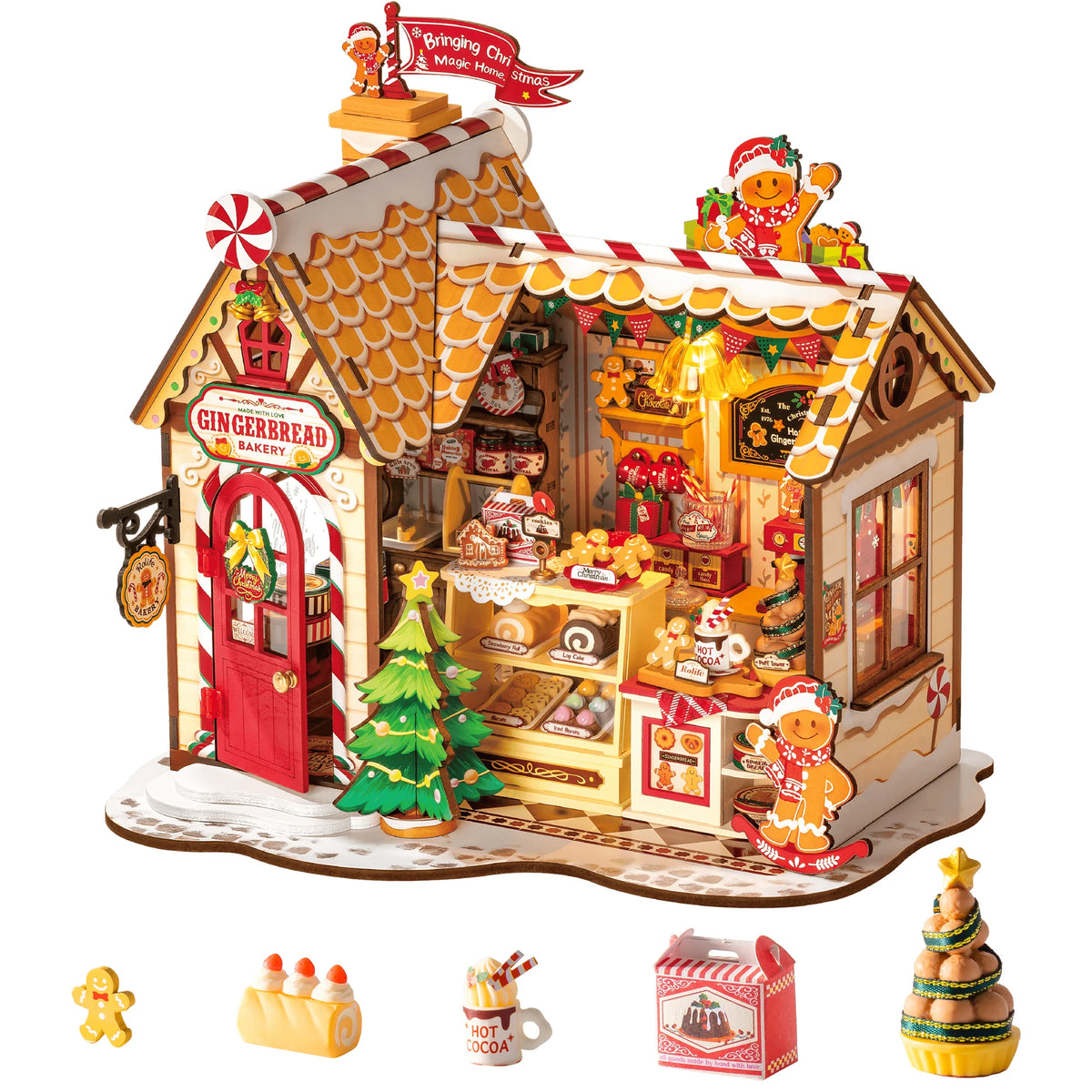 Rolife Gingerbread House DIY Miniature Dollhouse Wooden 3D Puzzle Model Building Kit with LED Light for Christmas Home Decor Gift for Adults Friends